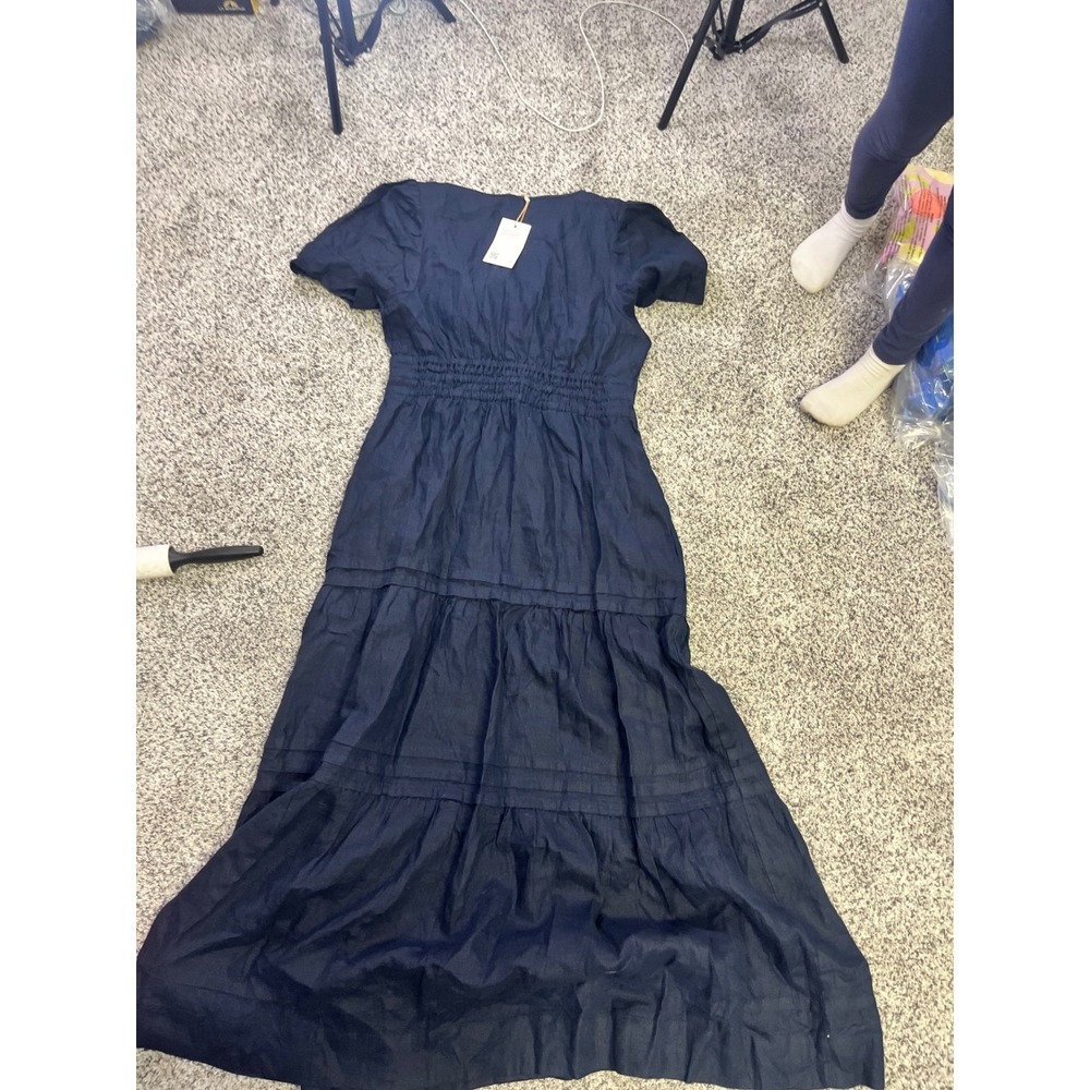 Quince 100% European Linen Smocked Waist Tiered Maxi Dress Navy Blue Medium NWT - Picture 14 of 14